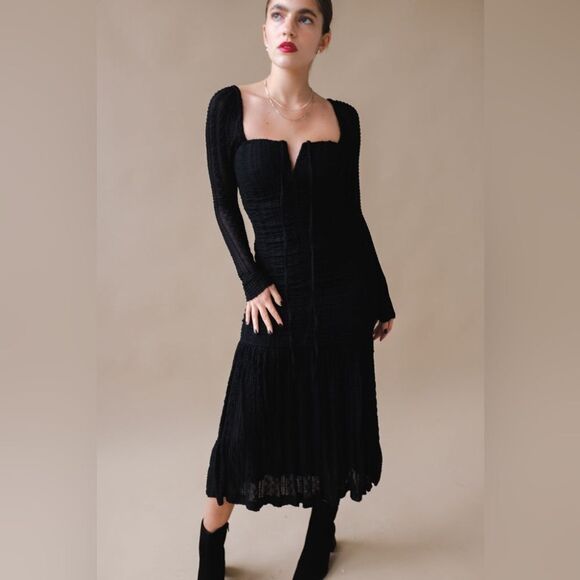 Ganni Midi Black Dress Ruched Stretch-Cloqué Size 10 - Picture 11 of 17